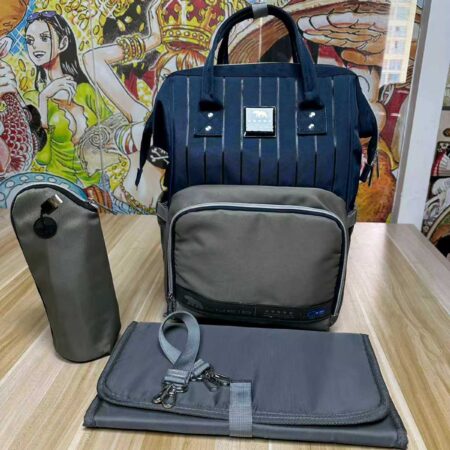 حقيبه لوازم الأمهات الإصدار الاحدث من لوسيد مقاومة للمياه مع مفرش غيار وحافظه للببرونه حراريه بوصله تسخين-ازرق فى جراى