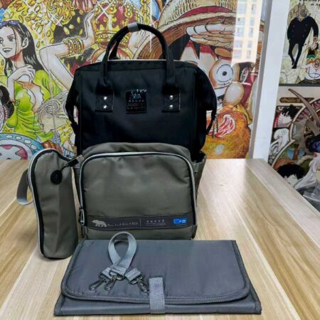 حقيبه لوازم الأمهات الإصدار الاحدث من لوسيد مقاومة للمياه مع مفرش غيار وحافظه للببرونه حراريه بوصله تسخين-اسود فى جراى