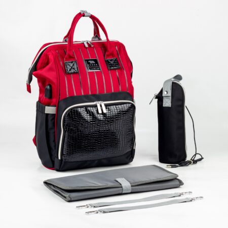 حقيبه لوازم الأمهات الإصدار الاحدث من لوسيد حقيبه (جلد) ومقاومة للمياه مع مفرش غيار وحافظه للببرونه حراريه بوصله تسخين-احمر