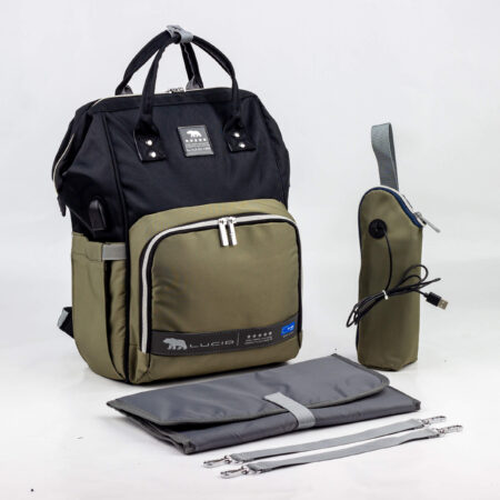 حقيبه لوازم الأمهات الإصدار الاحدث من لوسيد مقاومة للمياه مع مفرش غيار وحافظه للببرونه حراريه بوصله تسخين-اسود فى جراى