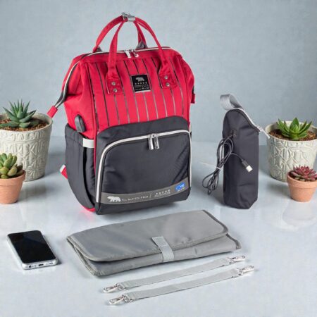 حقيبه لوازم الأمهات الإصدار الاحدث من لوسيد ومقاومة للمياه مع مفرش غيار وحافظه للببرونه حراريه بوصله تسخين ومزوده ببطانه طبيه للظهر-احمر