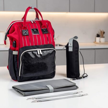 حقيبه لوازم الأمهات الإصدار الاحدث من لوسيد حقيبه (جلد) ومقاومة للمياه مع مفرش غيار وحافظه للببرونه حراريه بوصله تسخين ومزوده ببطانه طبيه للظهر-احمر