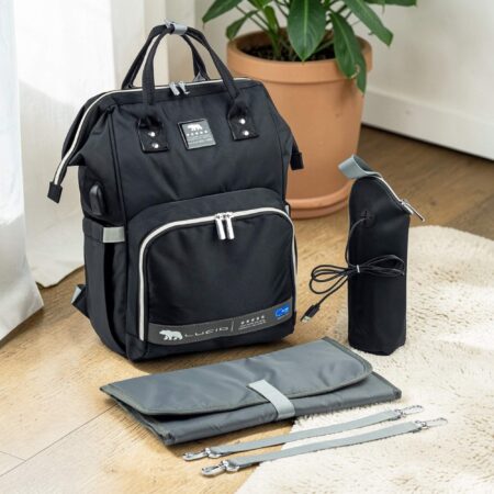 حقيبه لوازم الأمهات الإصدار الاحدث من لوسيد ومقاومة للمياه مع مفرش غيار وحافظه للببرونه حراريه بوصله تسخين ومزوده ببطانه طبيه للظهر-اسود