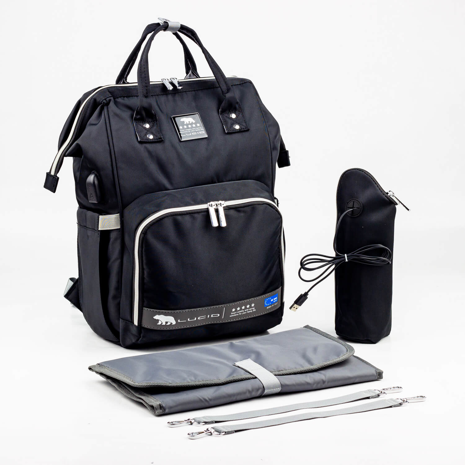 حقيبه لوازم الأمهات الإصدار الاحدث من لوسيد ومقاومة للمياه مع مفرش غيار وحافظه للببرونه حراريه بوصله تسخين-اسود