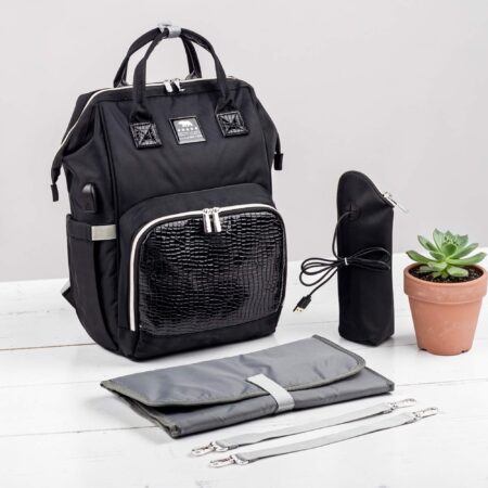 حقيبه لوازم الأمهات الإصدار الاحدث من لوسيد حقيبه (جلد) ومقاومة للمياه مع مفرش غيار وحافظه للببرونه حراريه بوصله تسخين ومزوده ببطانه طبيه للظهر-اسود