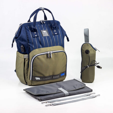 حقيبه لوازم الأمهات الإصدار الاحدث من لوسيد مقاومة للمياه مع مفرش غيار وحافظه للببرونه حراريه بوصله تسخين-ازرق فى جراى