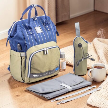 حقيبه لوازم الأمهات الإصدار الاحدث من لوسيد مقاومة للمياه مع مفرش غيار وحافظه للببرونه حراريه بوصله تسخين مزوده ببطانه طبيه للظهر-ازرق فى جراى