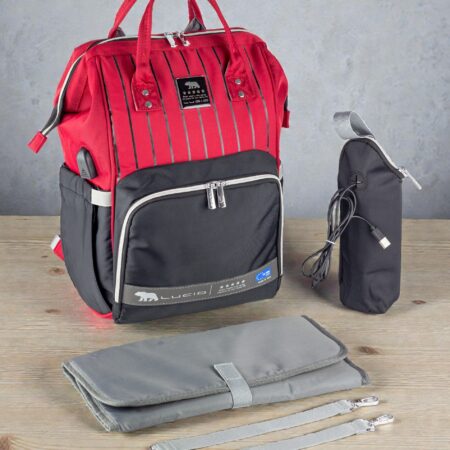 حقيبه لوازم الأمهات الإصدار الاحدث من لوسيد ومقاومة للمياه مع مفرش غيار وحافظه للببرونه حراريه بوصله تسخين ومزوده ببطانه طبيه للظهر-احمر